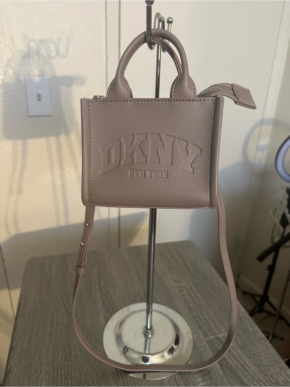 DKNY Mini Pebbled Leather Crossbody in Mauve Taupe
